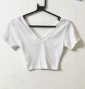 White Ribbed V-Neck Crop Top