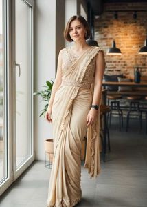 Elegant Beige Sequin ready to wear saree with stic