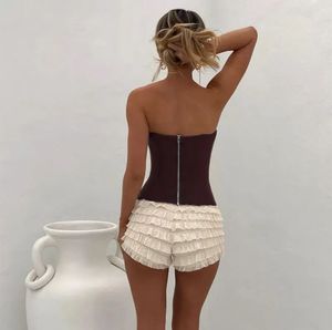 Brown Solid Tube Neck Corset Top