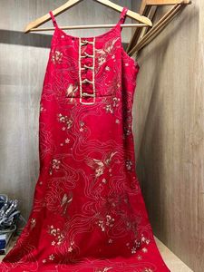 Red Crane Print Dress