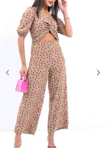 Beige Jumpsuit With Pink Podka Dots.