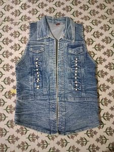 Denim Vest with Pearl Details