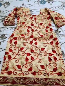 Red And Golden Net Embroidery Kurta