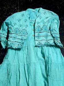 Soft Cyan Frock With Overcoat