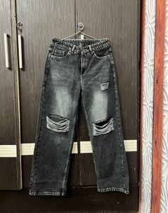 Charcoal Ripped Wide Leg Jeans