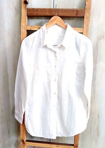 White Self Design Cotton Shirt Size-38