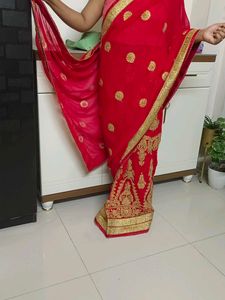 Red & Gold Embroidered Lehenga Saree