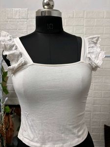 White Ruffle Sleeve Crop Top