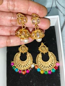 Kundan Jhumka and chand bali multicolour  Earrings