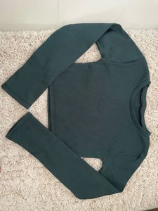 Ribbed Long Sleeve Fitted Crop Top - Dark Green