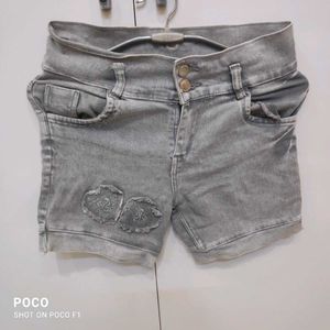 Gray Denim Shorts with Distressed Detail