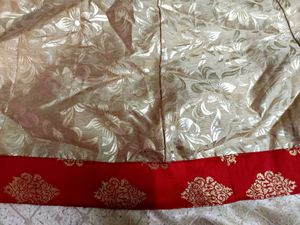 Elegant Red Banarasi Anarkali Set with Golden Moti