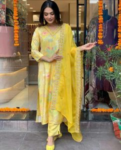 Yellow Embroidered Kurta Pant Set