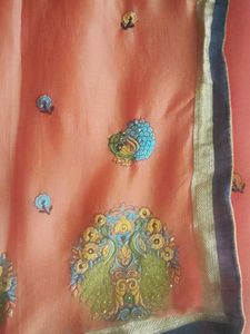 Peach Saree with Peacock Design