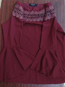 Chic Maroon Boat Neck Top with Frill Sleeves