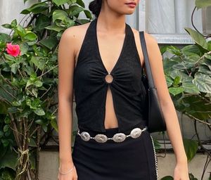 Black Halter Top with O-Ring Detail