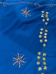 Blue Floral Mirror Work Saree with Blouse