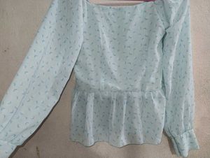 Light Blue Floral Ruffle Blouse