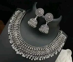 Oxidized Silver Jhumka Set
