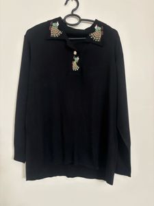 Black Embellished Collar knitted Top