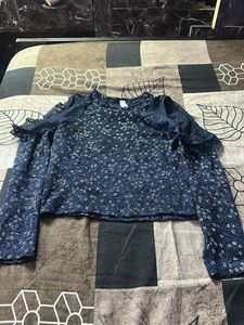 Navy Blue Lace Cold Shoulder Top