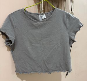 Grey Ruffle Trim Tee