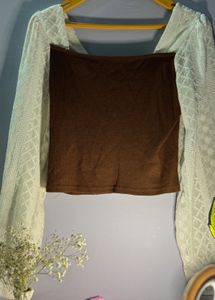 Brown Crop Top with Lace Sleeves