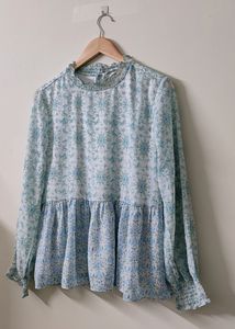 AND White Full sleeves With Floral Blue Design