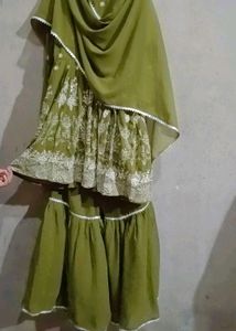Olive Green Embroided Kurti With Garara &amp; Dupatta