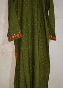 Women Olive Green Embroidered Kurti