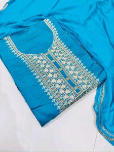 Teal Embroidered handwork dress material