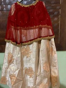 Red &amp; Gold Embellished Blouse And Golden Skirt