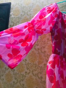 Pink Flowery Flared Below Knee Dress