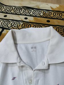 Uniqlo Men Cotton Mix Cream Printed Polo Tshirt
