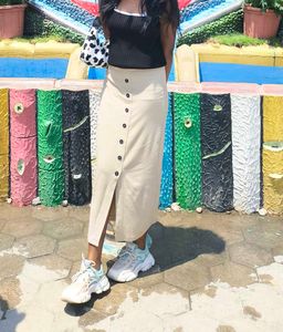 Beige Button-Front Skirt