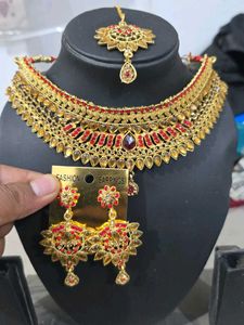 Gold-Tone Red Jewel Indian Bridal Jewelry Set
