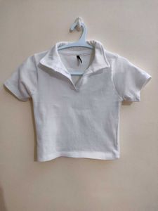 White Ribbed Polo Top