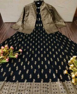 Black &amp; Gold Print Maxi Dress with Jacket