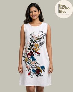 Floral Print Sleeveless Full White Dress | Women