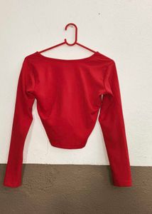 Solid V-Neck Red Casual Top