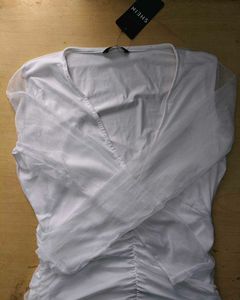 Deep V-Neck Front Ruched Mesh Sleeves A-Line Dress