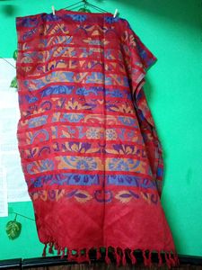 Red Patterned Scarf with Tassels