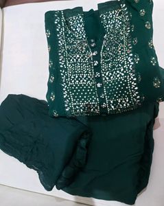 Beautiful Bottle Green Mirror Work  Suit With Umbrella Plazo And Dupatta