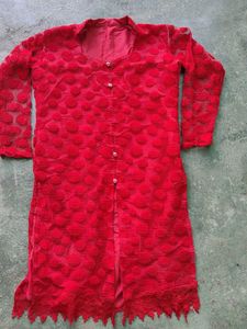 Red Textured Button-Down Top