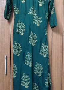 Emerald Green Golden Floral Print Anarkali Kurti