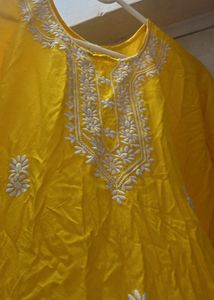 BeautifulWhite Embroidery Yellow Knee Length Kurti