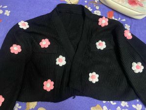 Floral Embellished Black Cardigan