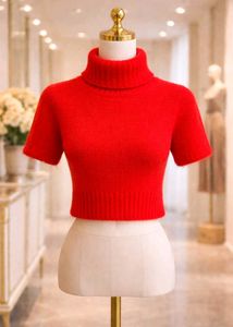 Red Turtleneck Short Sleeve Sweater