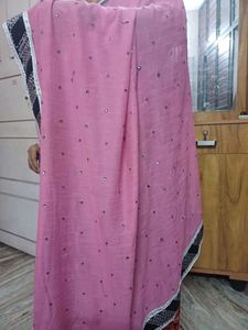 Pink Saree with Silver &amp; Black Border