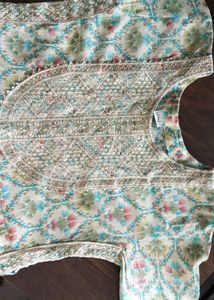 Light Green White Printed Embroidered Kurta